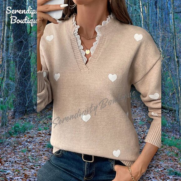 Boho Done Preppy Style Oversized Drop Shoulder Lace Accent Long Sleeve Sweater. - Picture 6 of 9